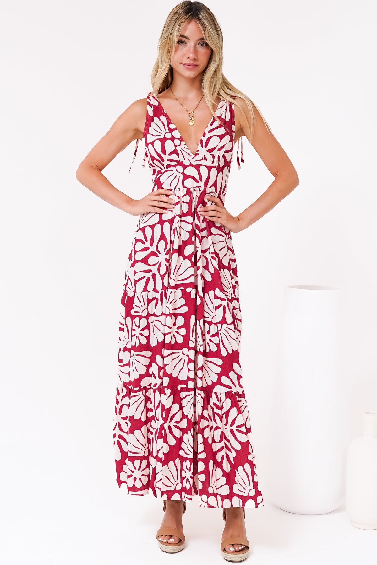 Maude Maxi Dress - Deep V-Neck Ties on Shoulders Tiered Dress in Lunie Print Red