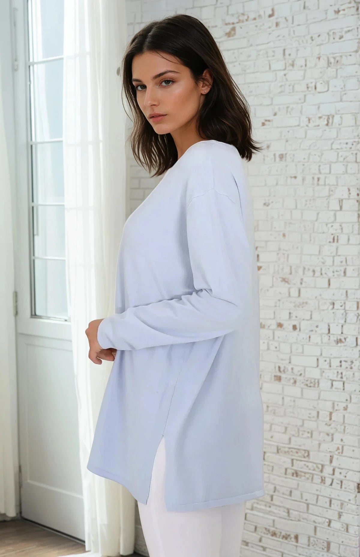 Mayanna Jumper - Light Weight V Neck Knit Jumper with Side Splits in Sky Blue