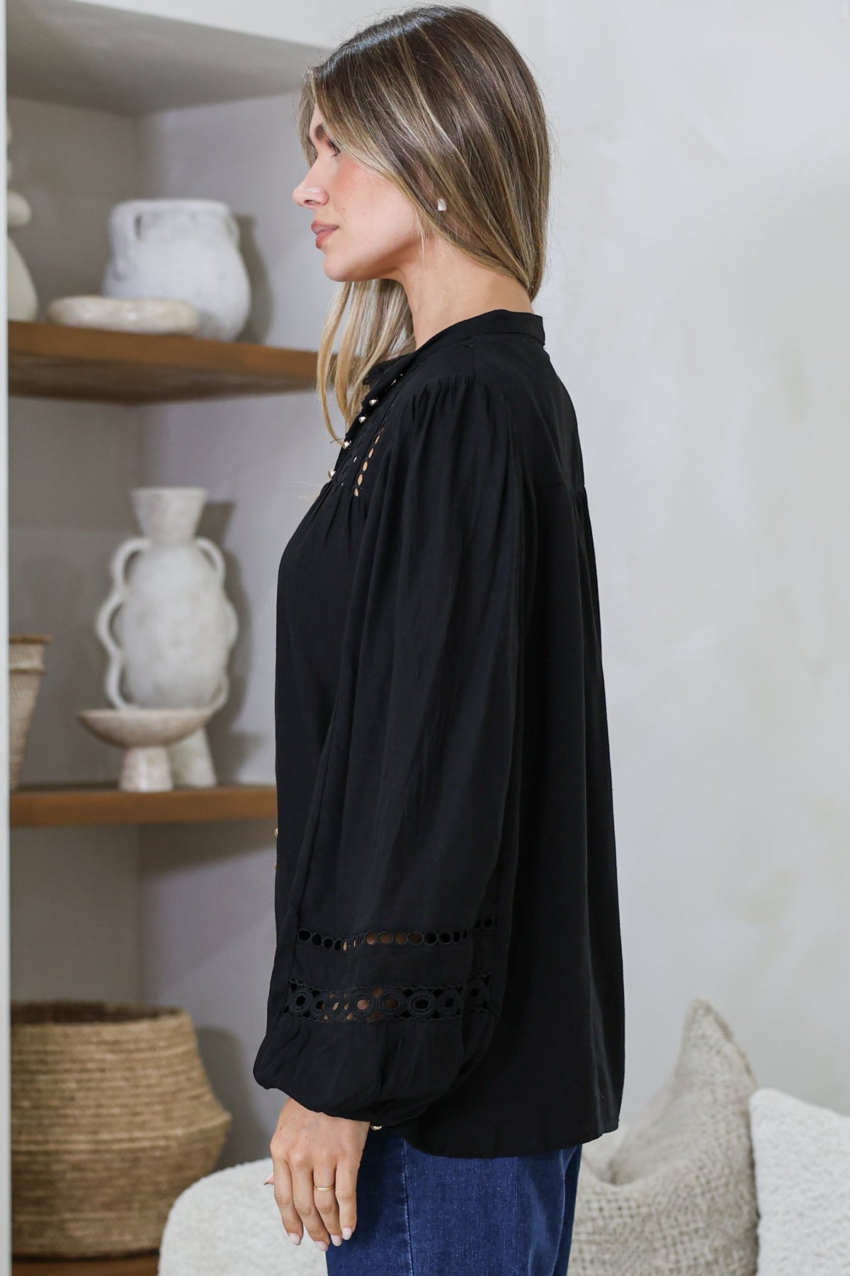 Milano Blouse - Mandarin Collar Button Down with Delicate Lace Cut-Out Detailing in Black