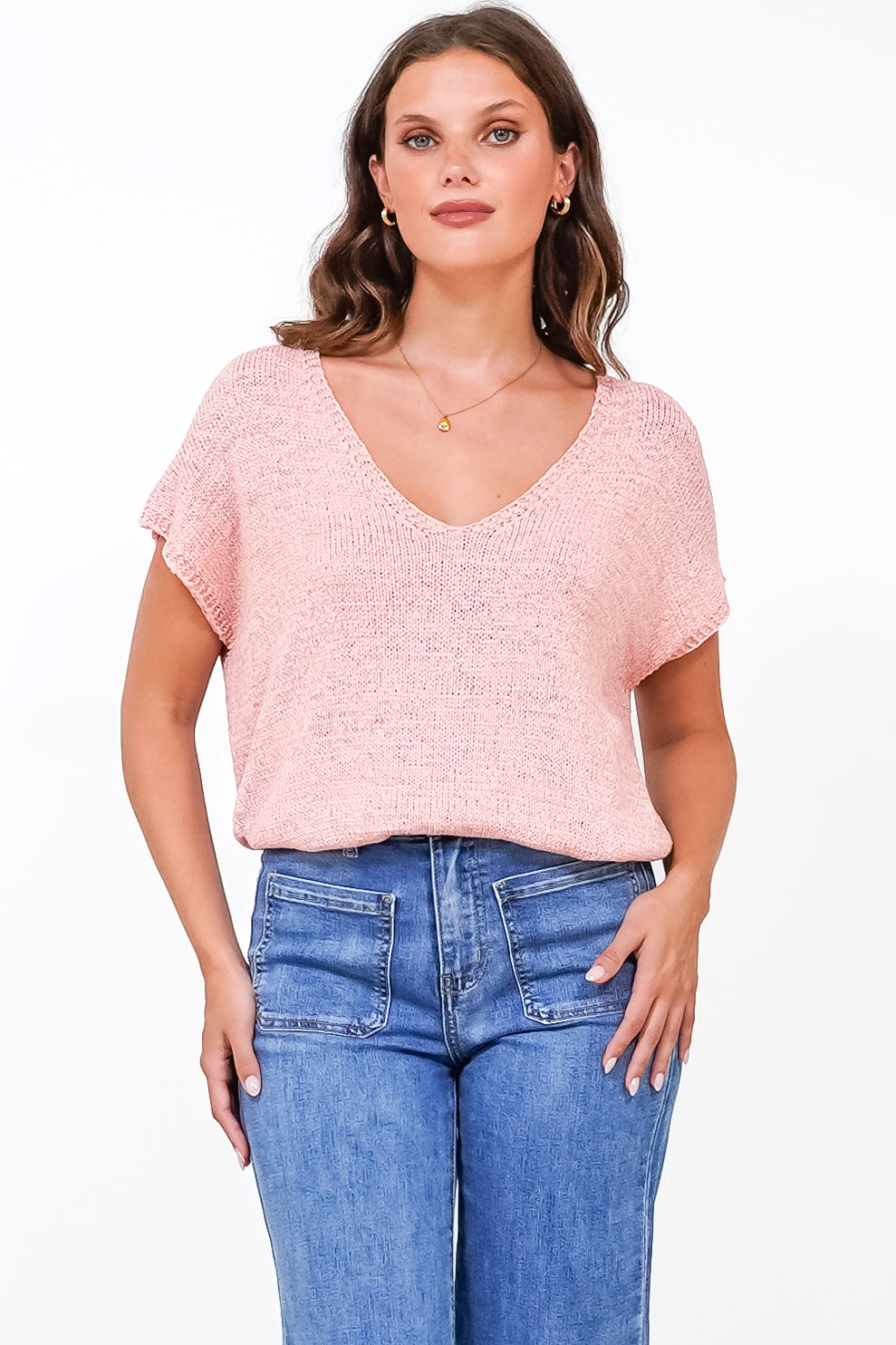 Millicent Knit Top - Relaxed V-Neck Top with Ribbed Hemline in Blush