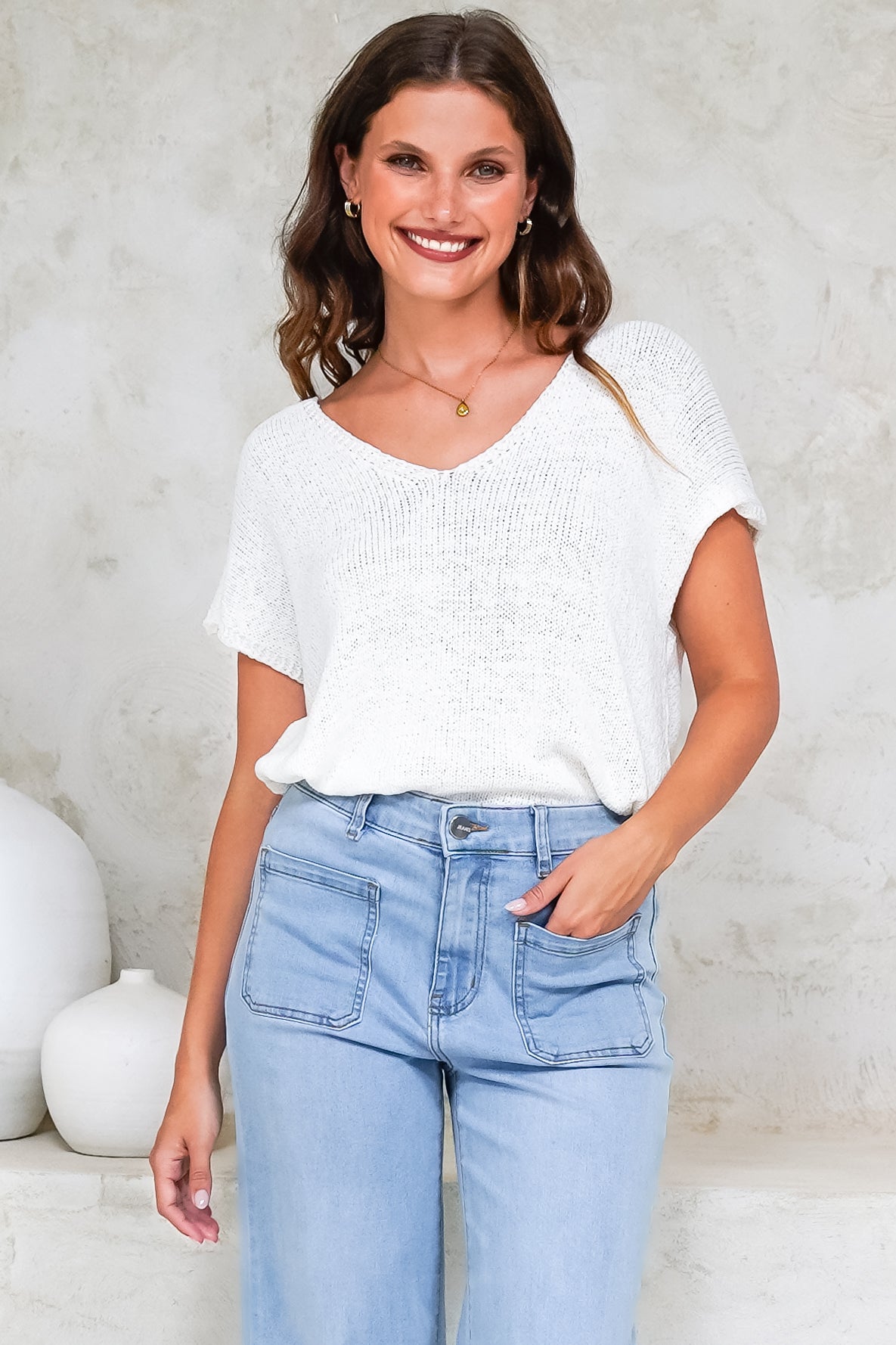 Millicent Knit Top - Relaxed V-Neck Top with Ribbed Hemline in White