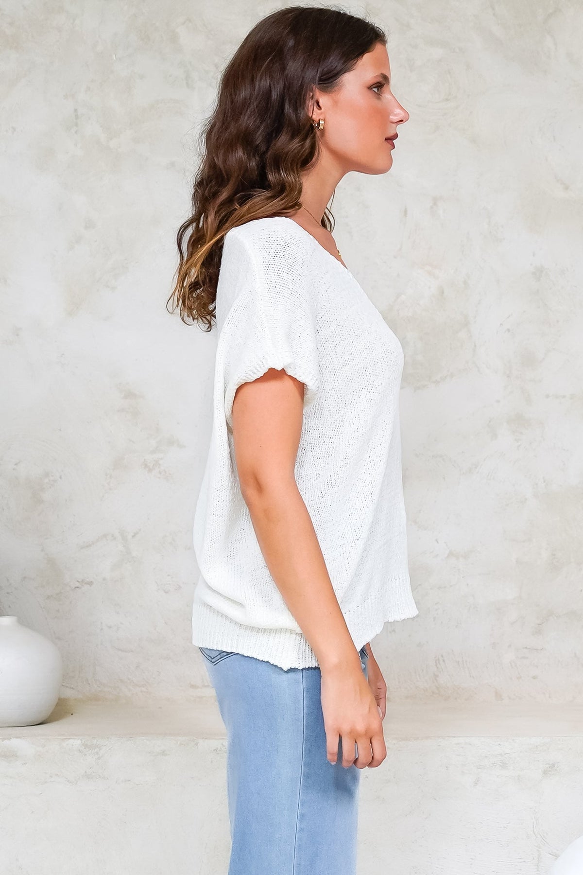 Millicent Knit Top - Relaxed V-Neck Top with Ribbed Hemline in White