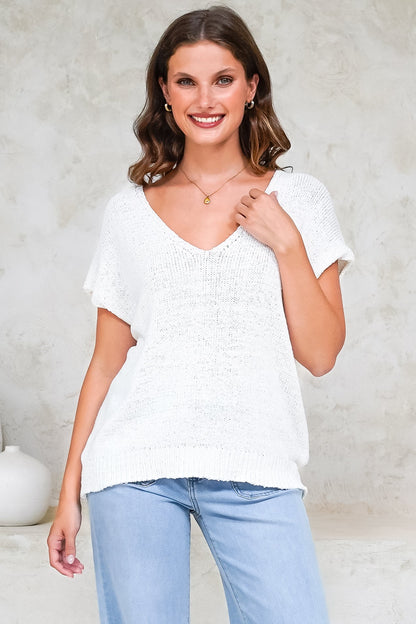 Millicent Knit Top - Relaxed V-Neck Top with Ribbed Hemline in White