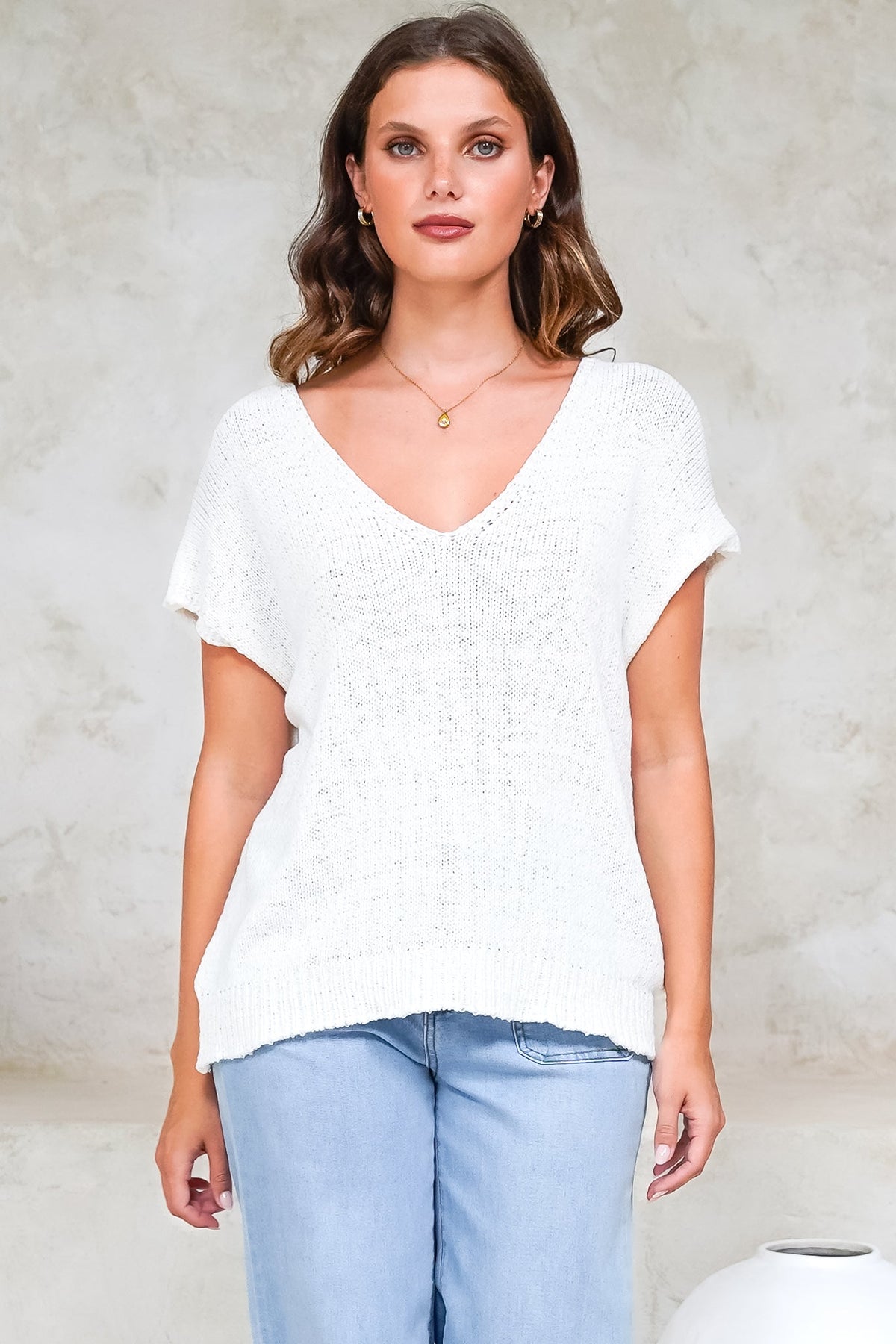 Millicent Knit Top - Relaxed V-Neck Top with Ribbed Hemline in White