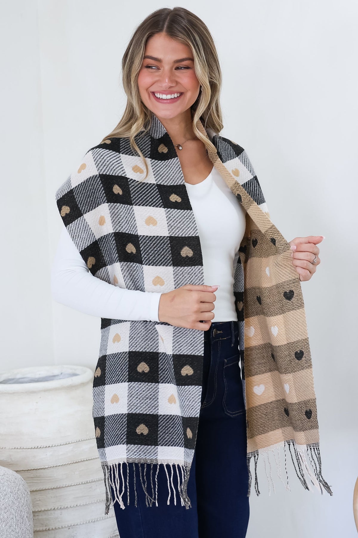 Minka Scarf - Soft Cozy Wrap Scarf with Heart and Check Print in Black