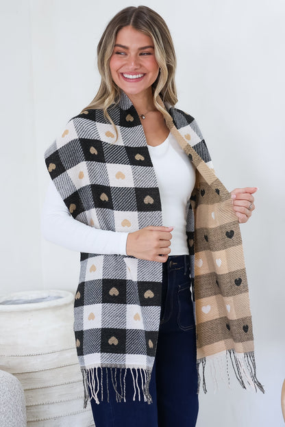 Minka Scarf - Soft Cozy Wrap Scarf with Heart and Check Print in Black