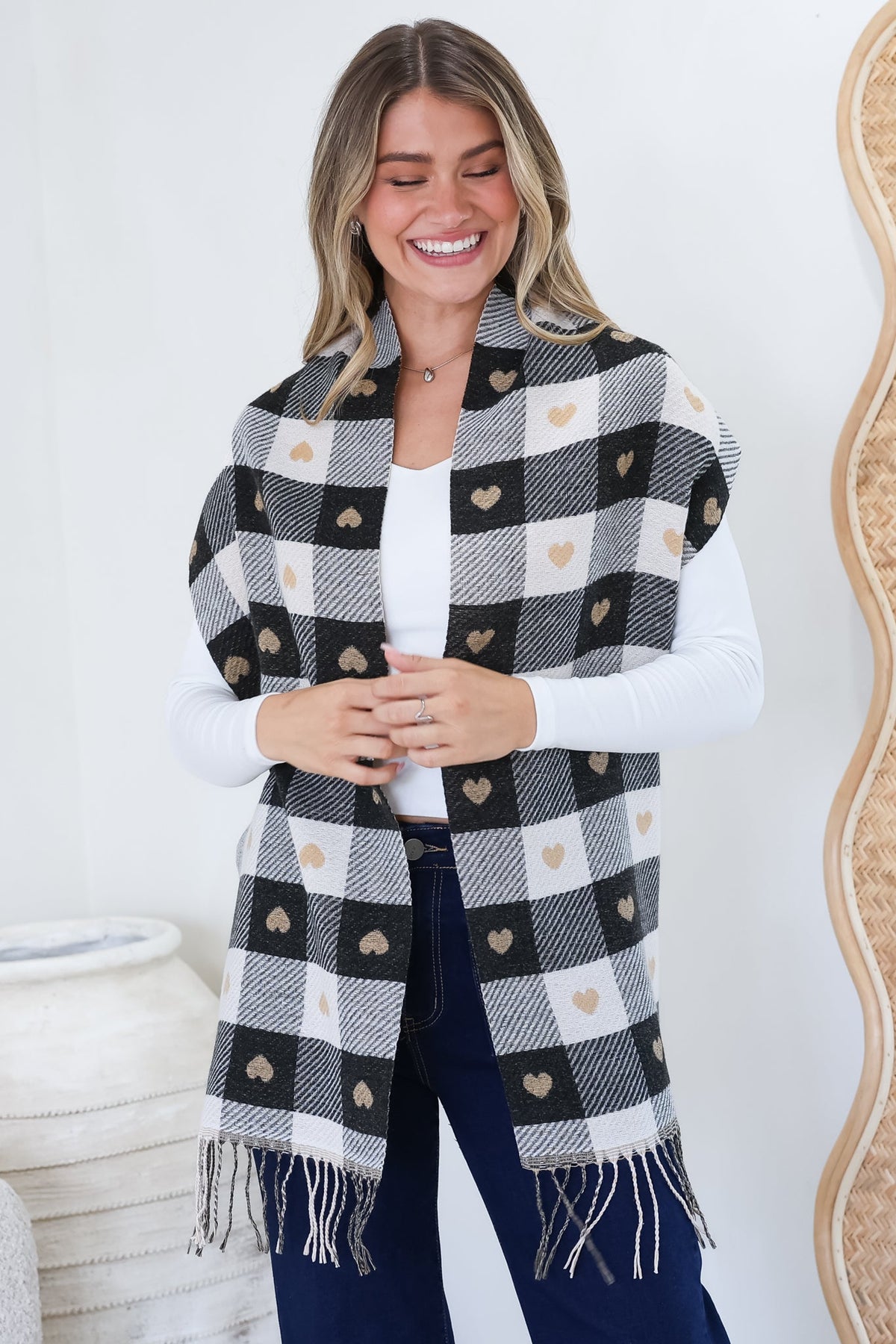 Minka Scarf - Soft Cozy Wrap Scarf with Heart and Check Print in Black