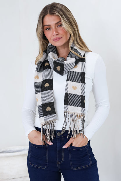 Minka Scarf - Soft Cozy Wrap Scarf with Heart and Check Print in Black