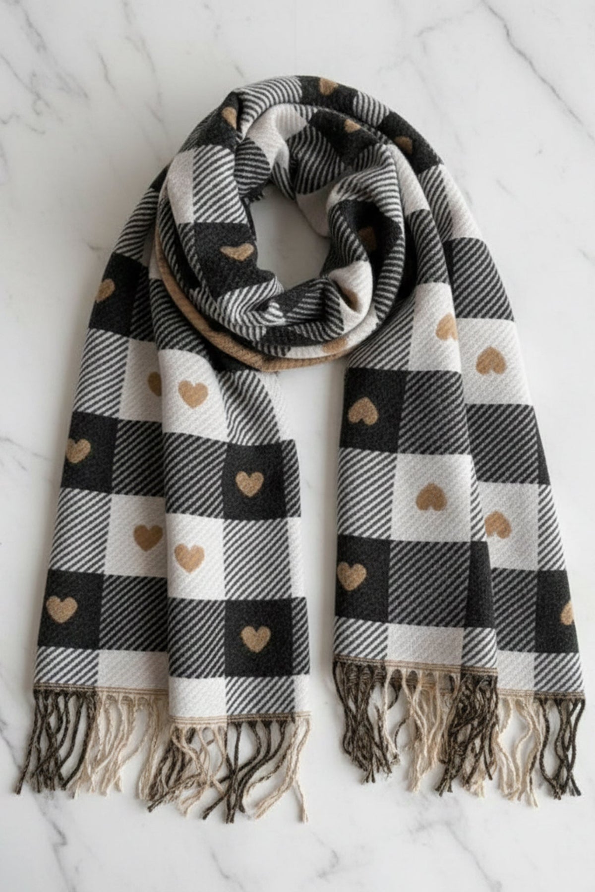 Minka Scarf - Soft Cozy Wrap Scarf with Heart and Check Print in Black