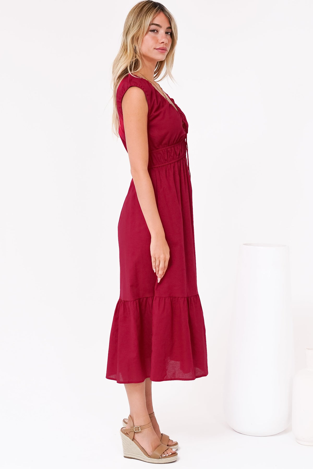 Miramar Midi Dress - V-Neck Gathered Bust Cap Sleeve Dress with Pockets in Red