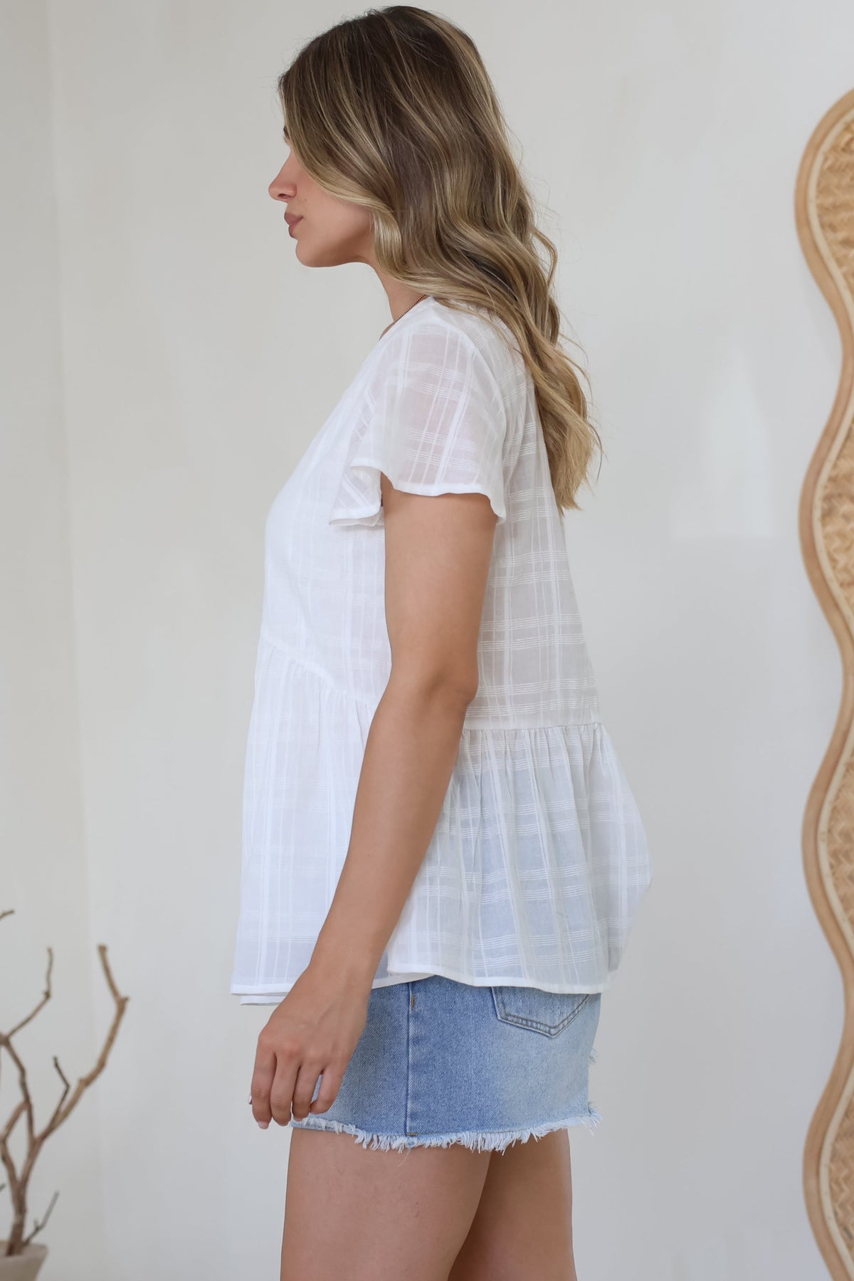 Mitzy Top - Textured Button Down Top with Cap Sleeves in White