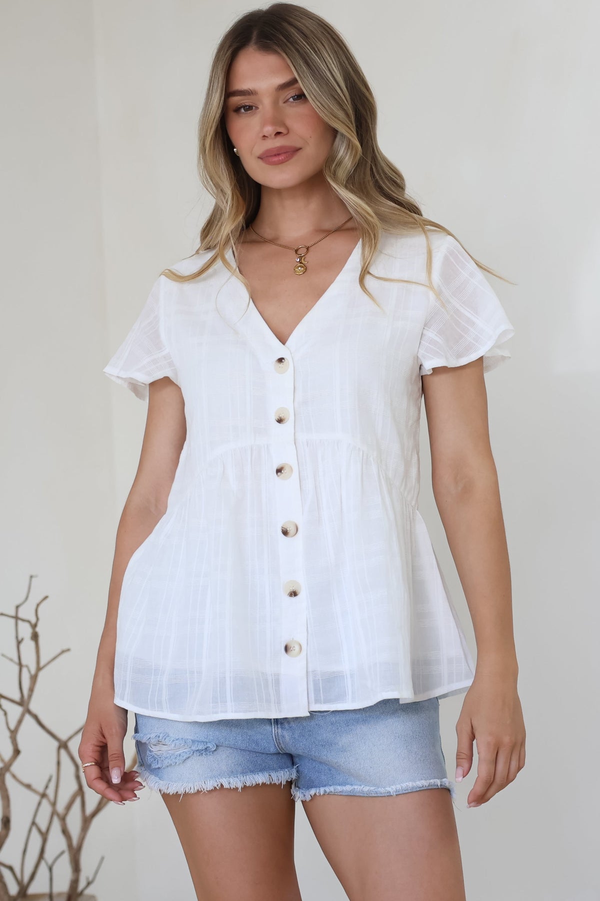 Mitzy Top - Textured Button Down Top with Cap Sleeves in White