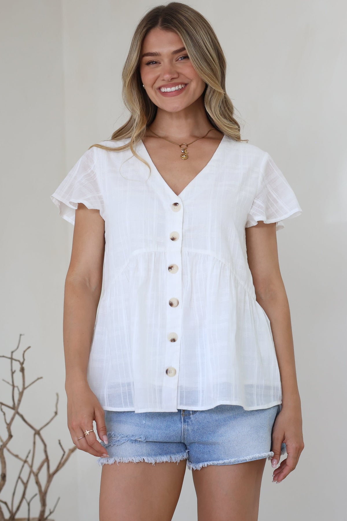 Mitzy Top - Textured Button Down Top with Cap Sleeves in White