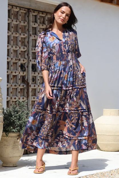 Mondelo Maxi Dress - Pleated Detailed A-Line Dress with 3/4 Balloon Sleeves in Belle Print Navy