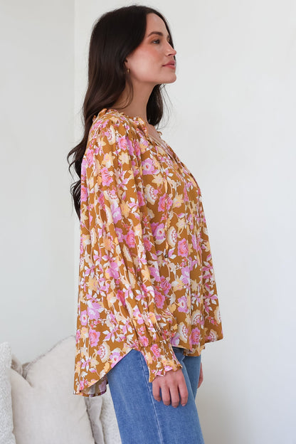 Moree Blouse - Frill Collar Neck Tie Button Down Shirt in Elixir Print