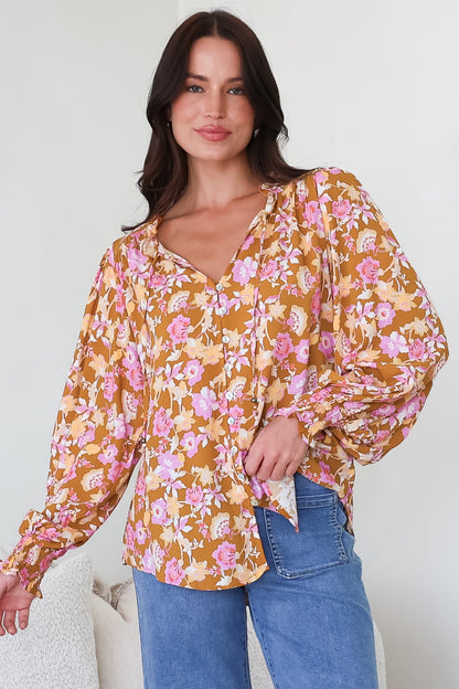 Moree Blouse - Frill Collar Neck Tie Button Down Shirt in Elixir Print