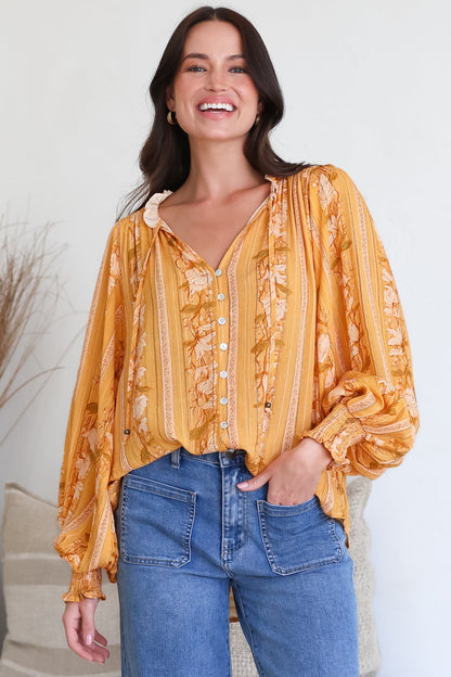 Moree Blouse - Frill Collar Neck Tie Button Down Shirt in Totema Print