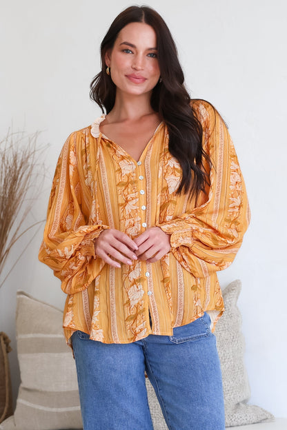 Moree Blouse - Frill Collar Neck Tie Button Down Shirt in Totema Print