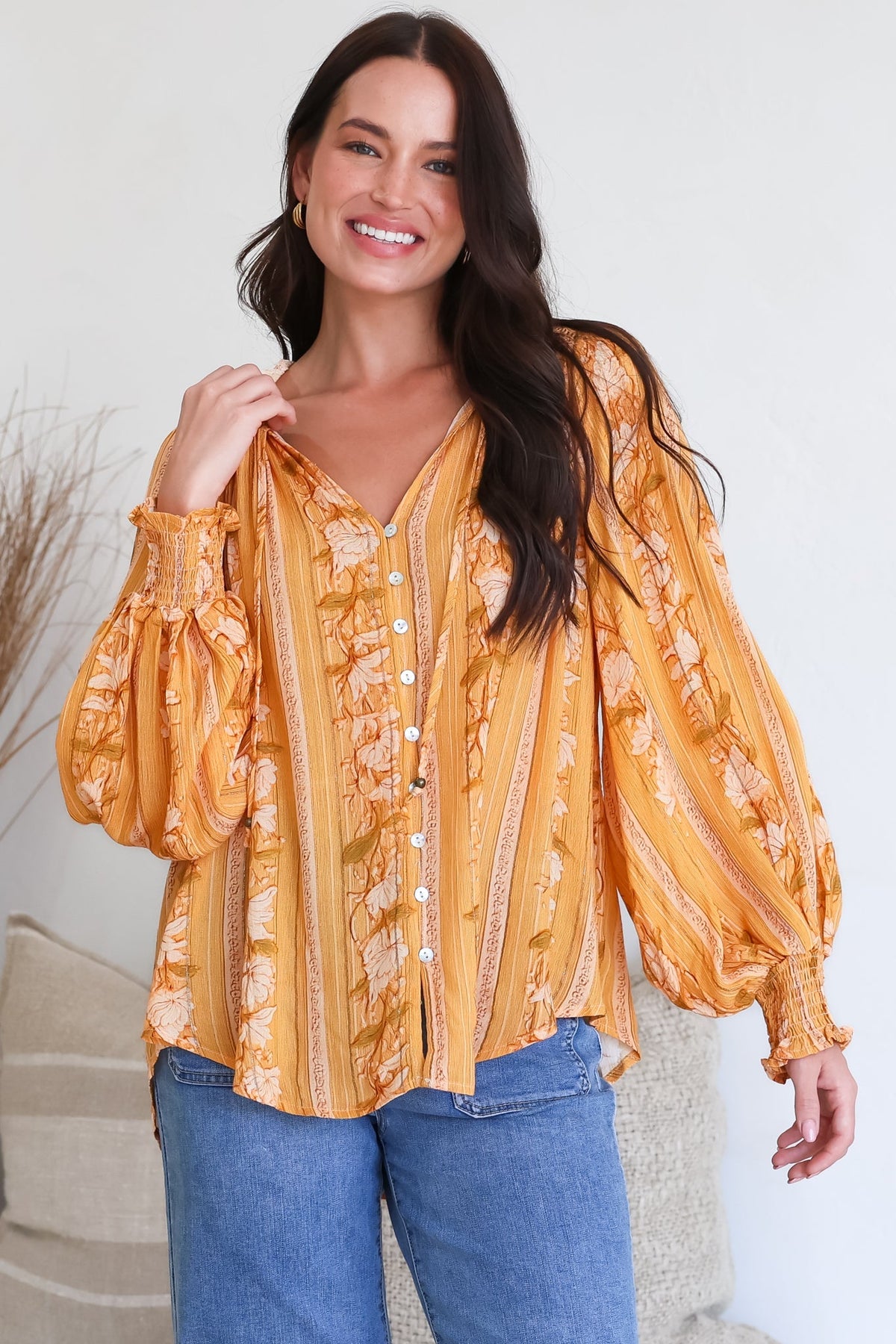 Moree Blouse - Frill Collar Neck Tie Button Down Shirt in Totema Print