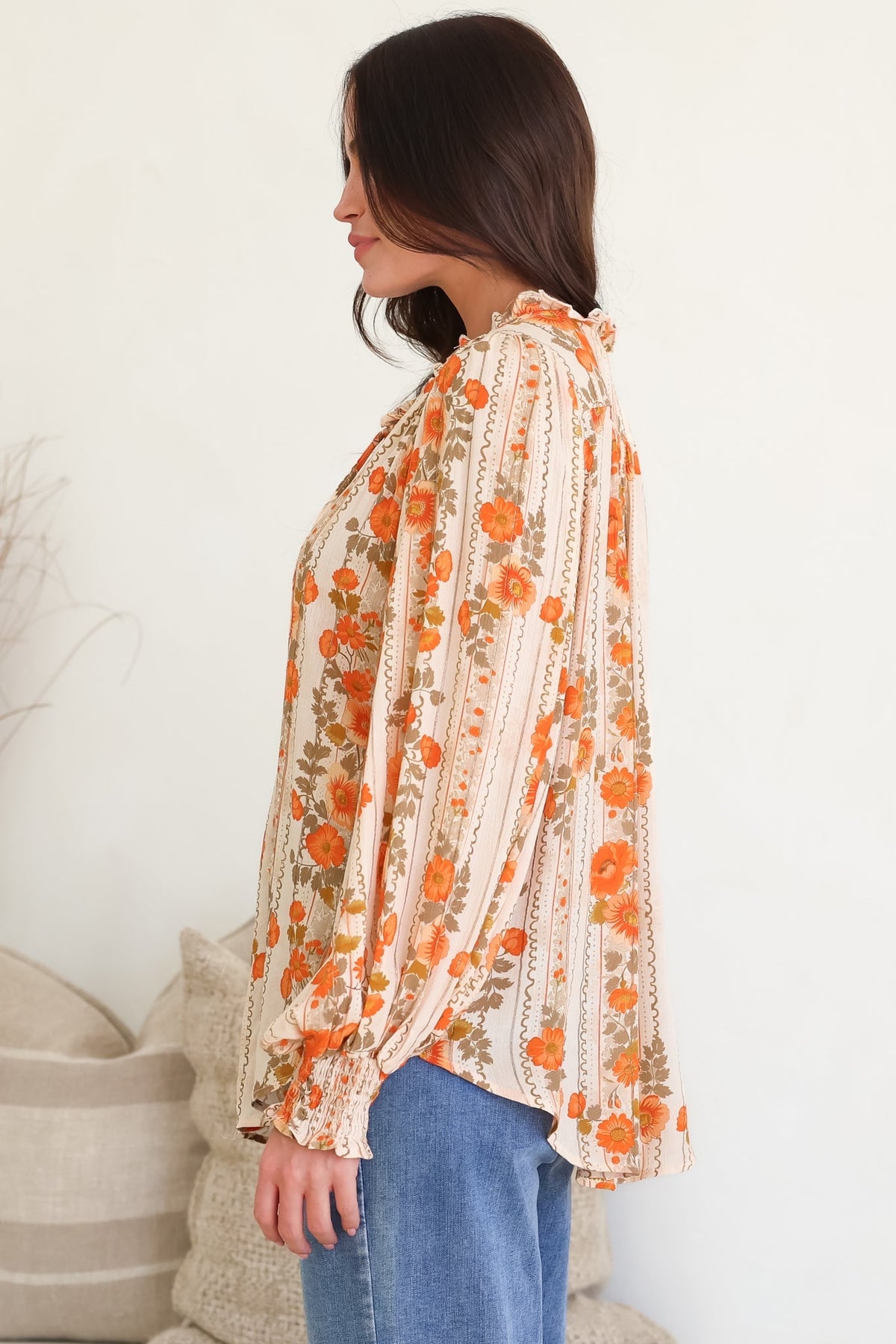 Moree Blouse - Frill Collar Neck Tie Button Down Shirt in Vondrosa Print