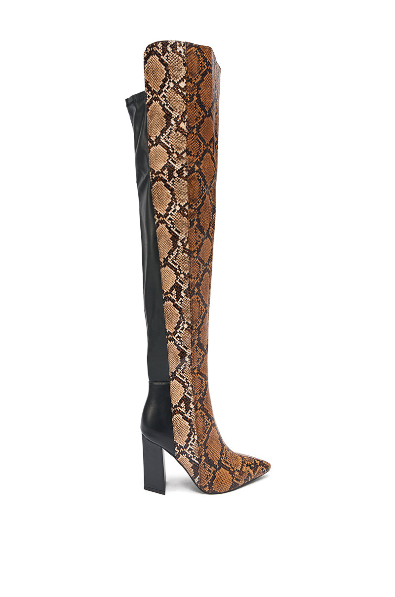 AKIRA GOLD NOAMI MULTI SNAKE PRINT CHUNKY HEEL BOOT