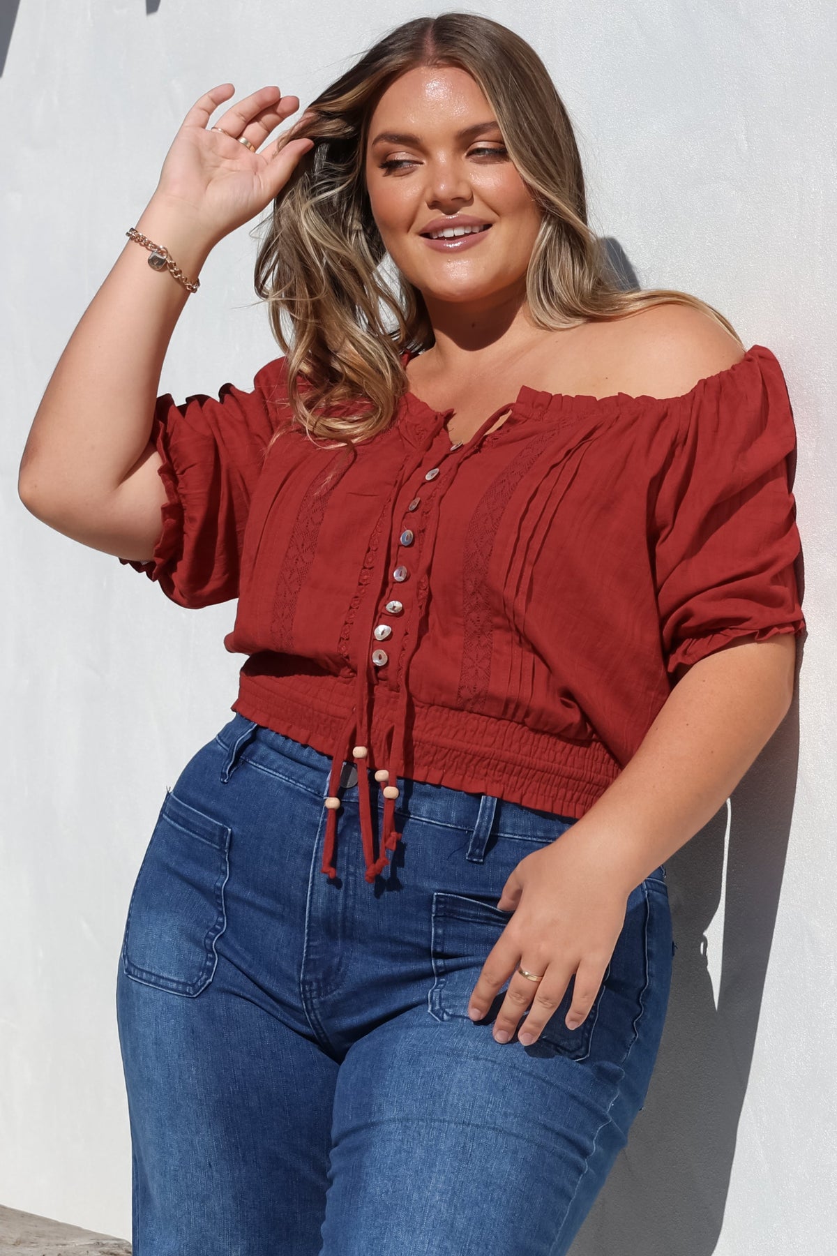 Nadiya Crop - Adjustable Neck and Hemline Crop with Pleating Details in Rust