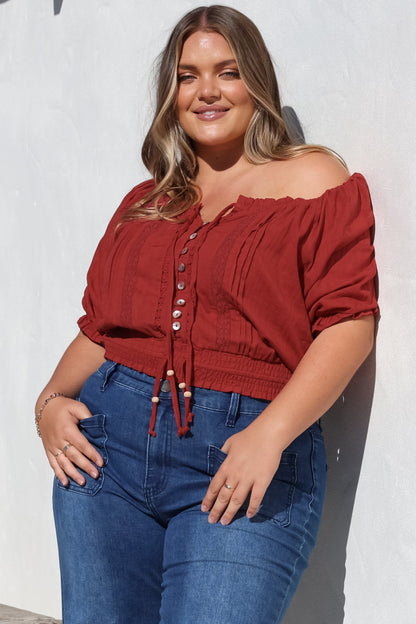 Nadiya Crop - Adjustable Neck and Hemline Crop with Pleating Details in Rust
