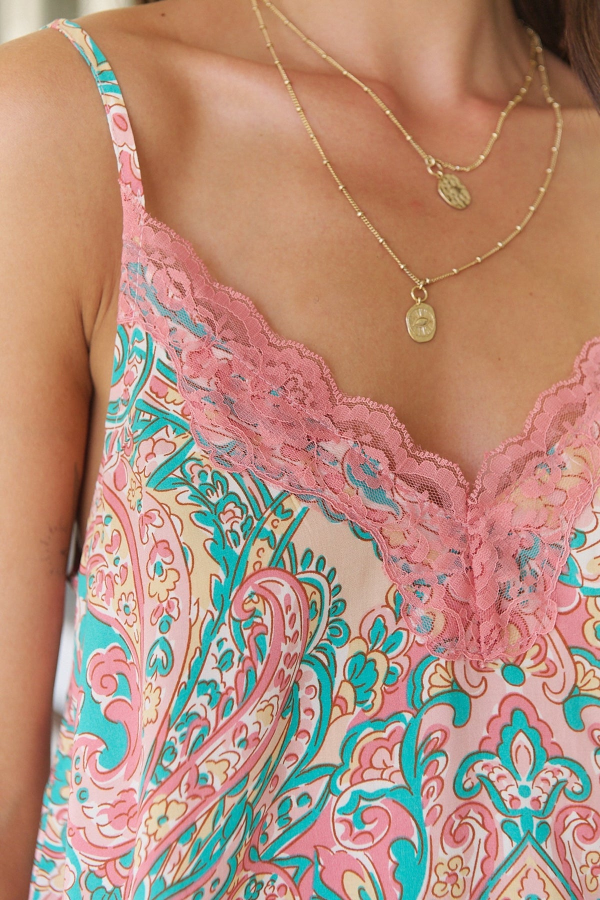 JAASE - Oakes Cami: Lace Trim Neckline Camisole with Adjustable Straps in Ocean Lullaby Print