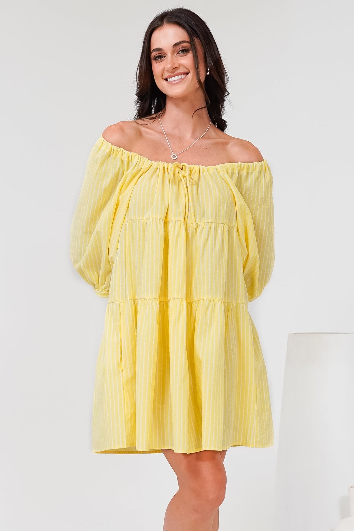 Oliander Mini Dress - On or Off Shoulder Tiered Dress with Pockets in Figaro Stripe Lemon