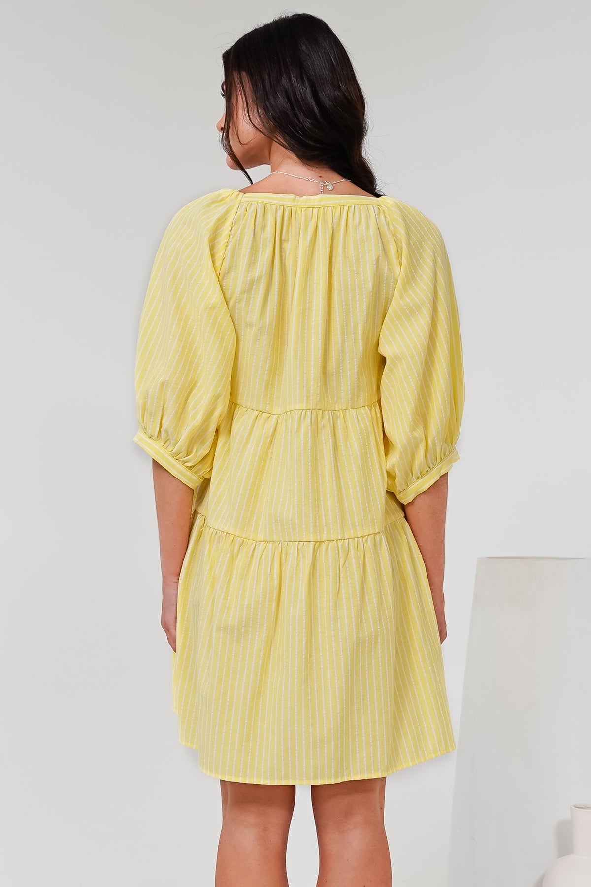 Oliander Mini Dress - On or Off Shoulder Tiered Dress with Pockets in Figaro Stripe Lemon