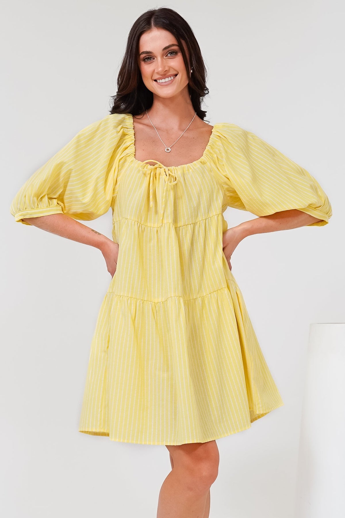 Oliander Mini Dress - On or Off Shoulder Tiered Dress with Pockets in Figaro Stripe Lemon