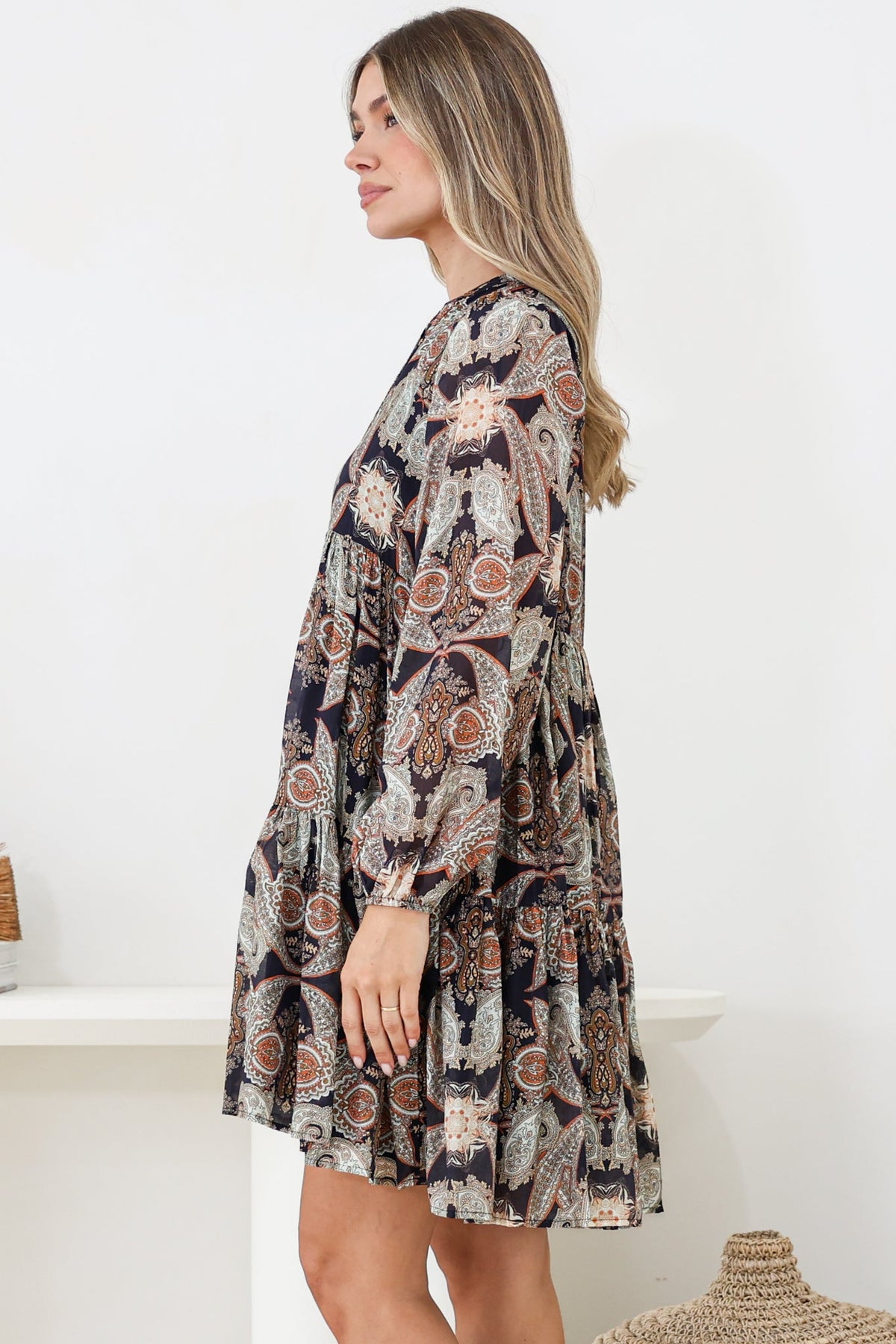 Olivia Mini Dress - Mandarin Collar Tiered Smock Dress with Long Sleeves in Blaise Print Black