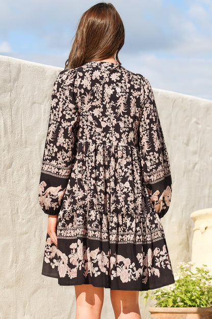 Olivia Mini Dress - Mandarin Collar Tiered Smock Dress with Long Sleeves in Villa Print