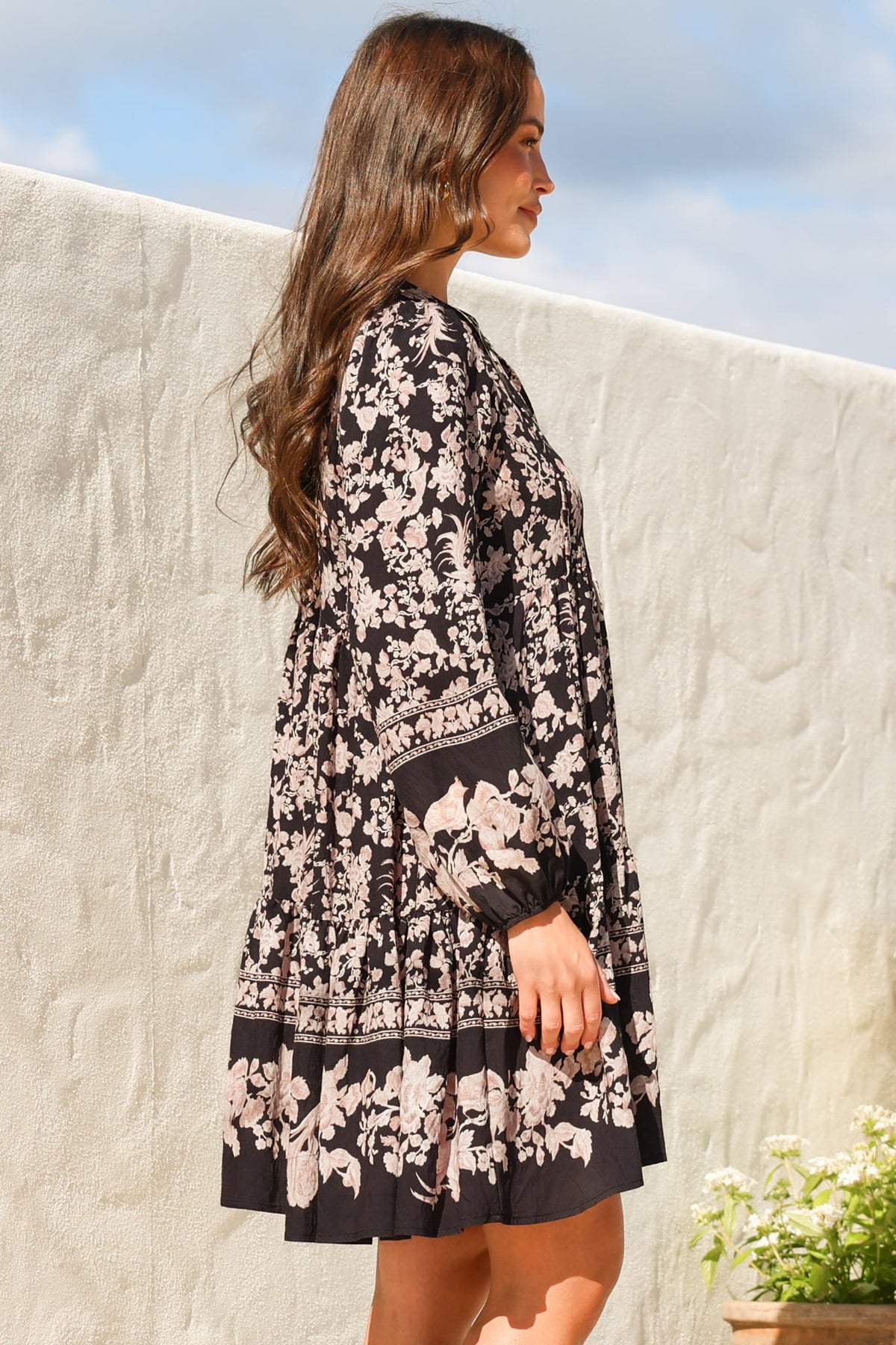 Olivia Mini Dress - Mandarin Collar Tiered Smock Dress with Long Sleeves in Villa Print