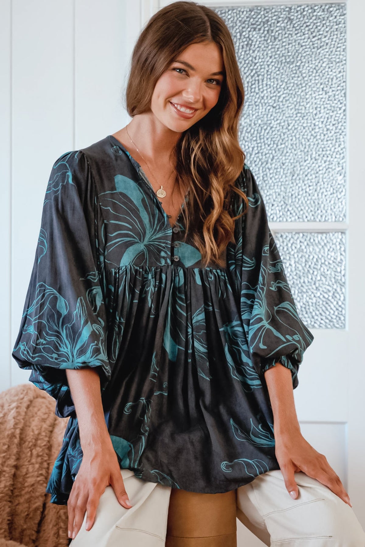 JAASE - Paloma Blouse: V Neckline Smock Top with Billowy Sleeves in Midnight Lilly Print
