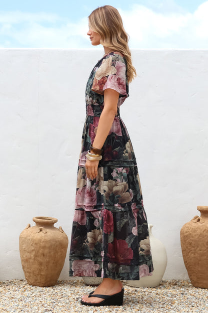 Payton Maxi Dress - Pleat Detailed A-Line Dress with Cap Flutter Sleeves in Annalisa Print