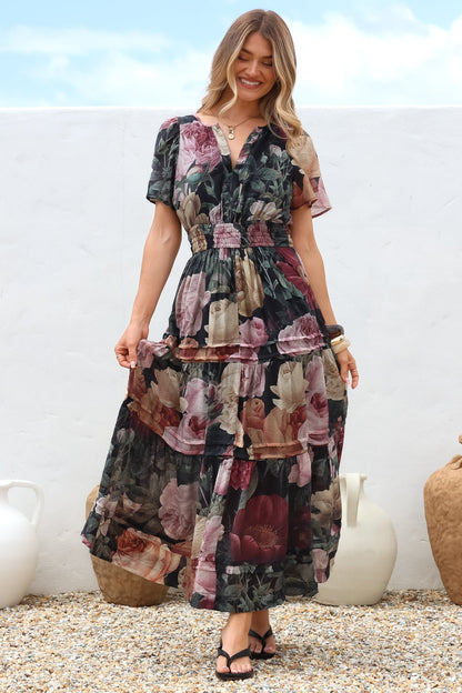 Payton Maxi Dress - Pleat Detailed A-Line Dress with Cap Flutter Sleeves in Annalisa Print