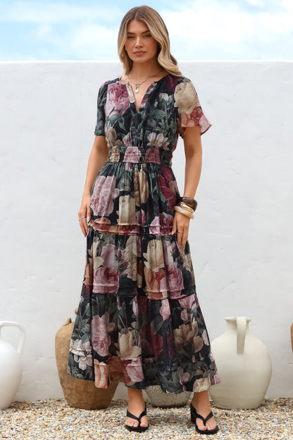 Payton Maxi Dress - Pleat Detailed A-Line Dress with Cap Flutter Sleeves in Annalisa Print