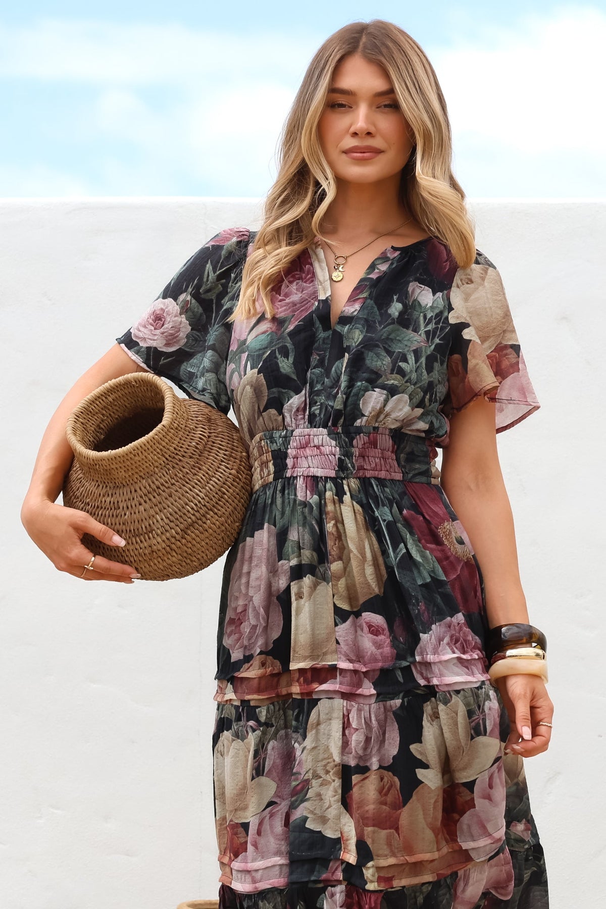 Payton Maxi Dress - Pleat Detailed A-Line Dress with Cap Flutter Sleeves in Annalisa Print
