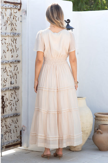 Payton Maxi Dress - Pleat Detailed A-Line Dress with Cap Flutter Sleeves in Beige