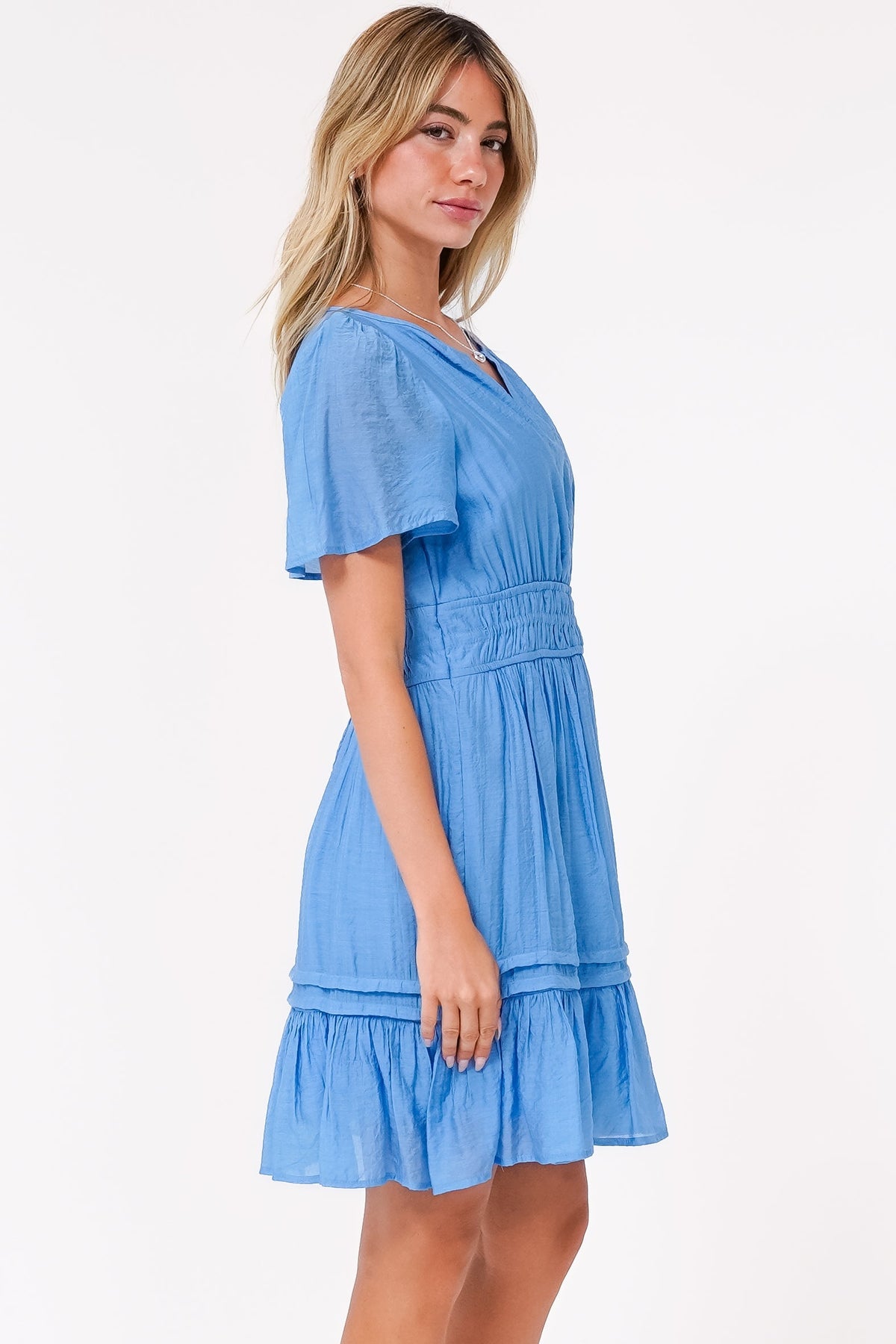 Payton Mini Dress - Pleat Detailed A-Line Dress with Cap Flutter Sleeves in Blue