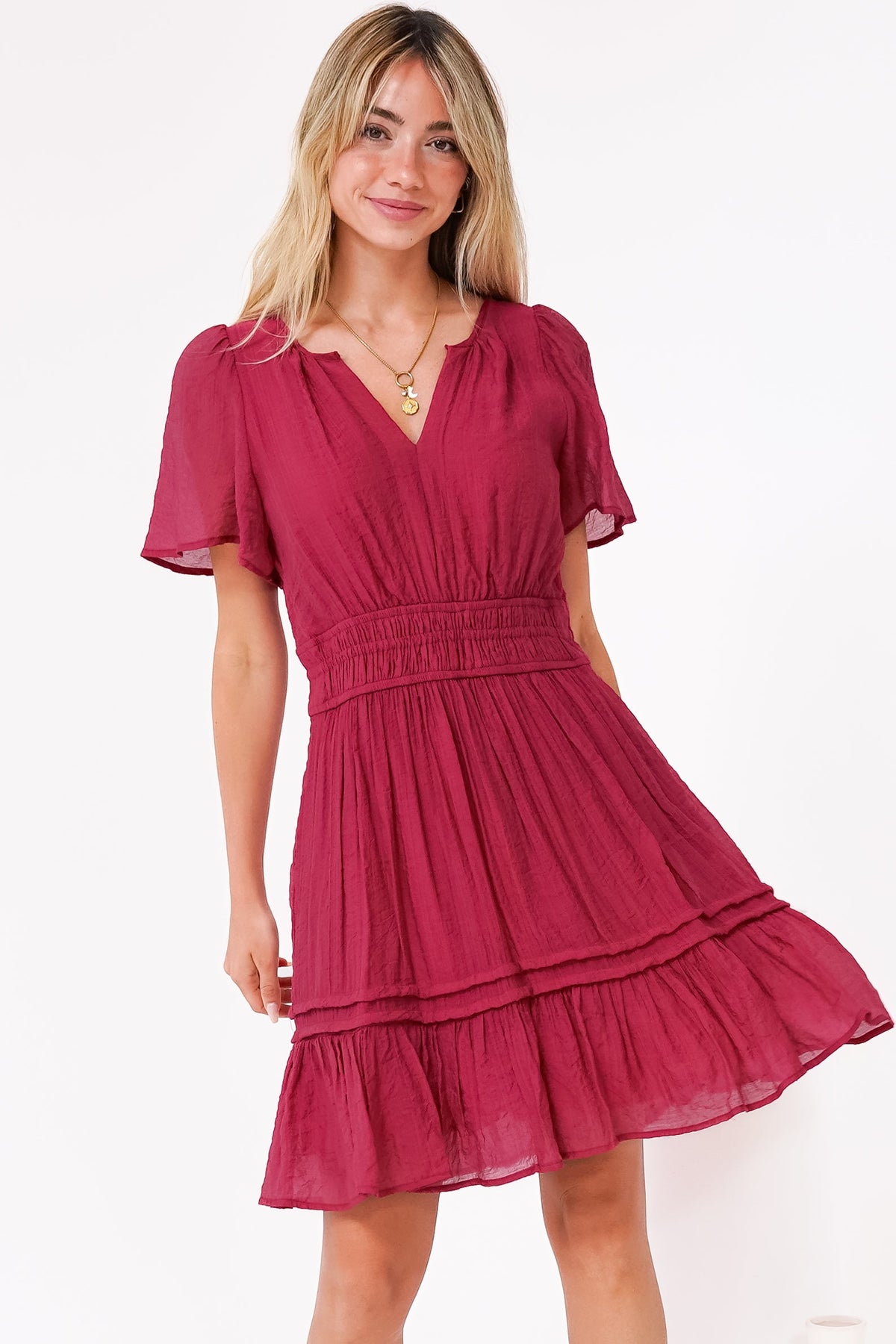 Payton Mini Dress - Pleat Detailed A-Line Dress with Cap Flutter Sleeves in Cherry Red