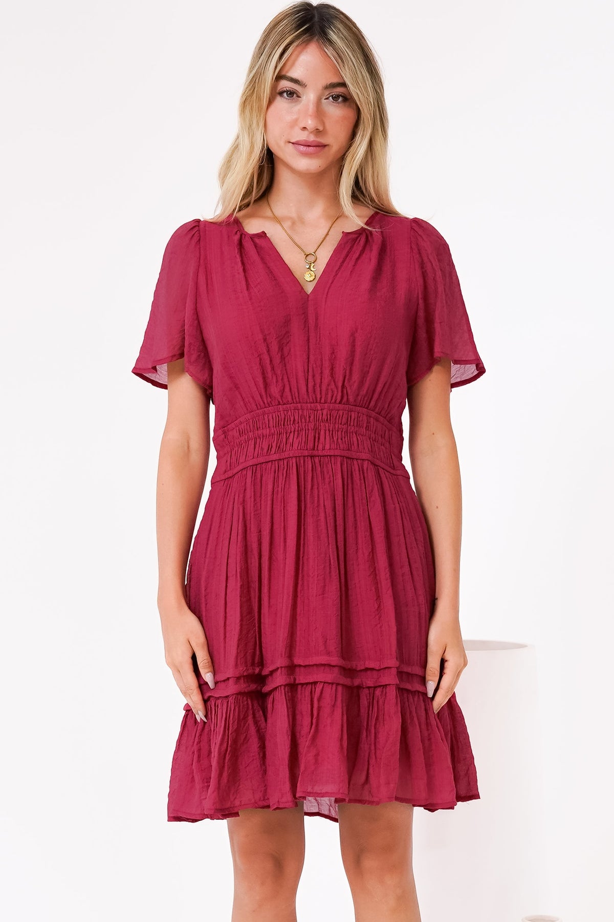 Payton Mini Dress - Pleat Detailed A-Line Dress with Cap Flutter Sleeves in Cherry Red