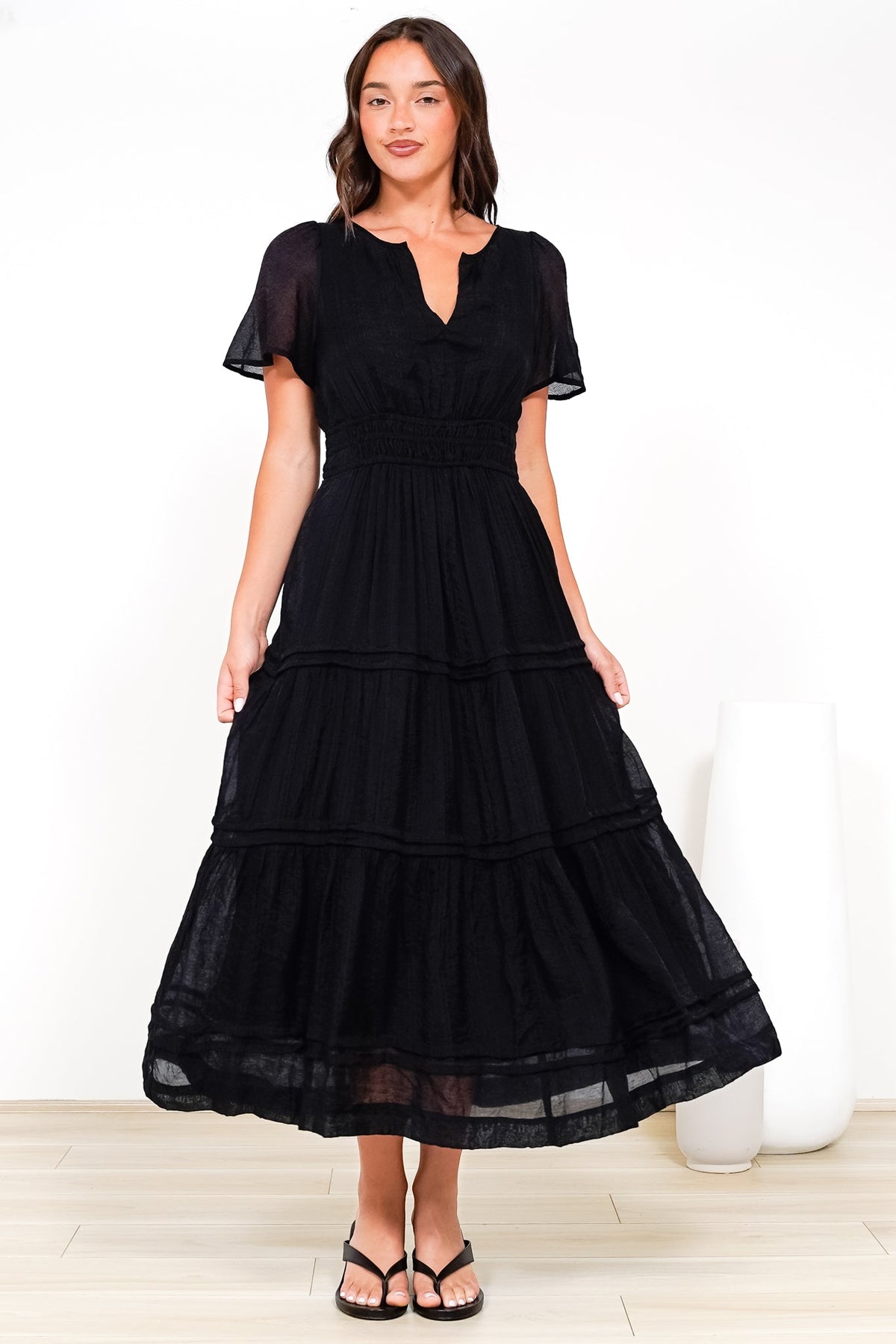 Payton Maxi Dress - Pleat Detailed A-Line Dress with Cap Flutter Sleeves in Black