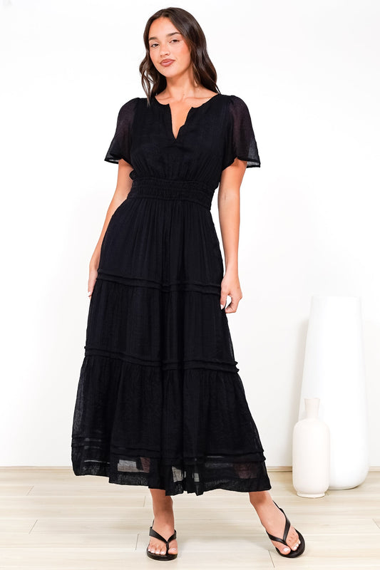 Payton Maxi Dress - Pleat Detailed A-Line Dress with Cap Flutter Sleeves in Black