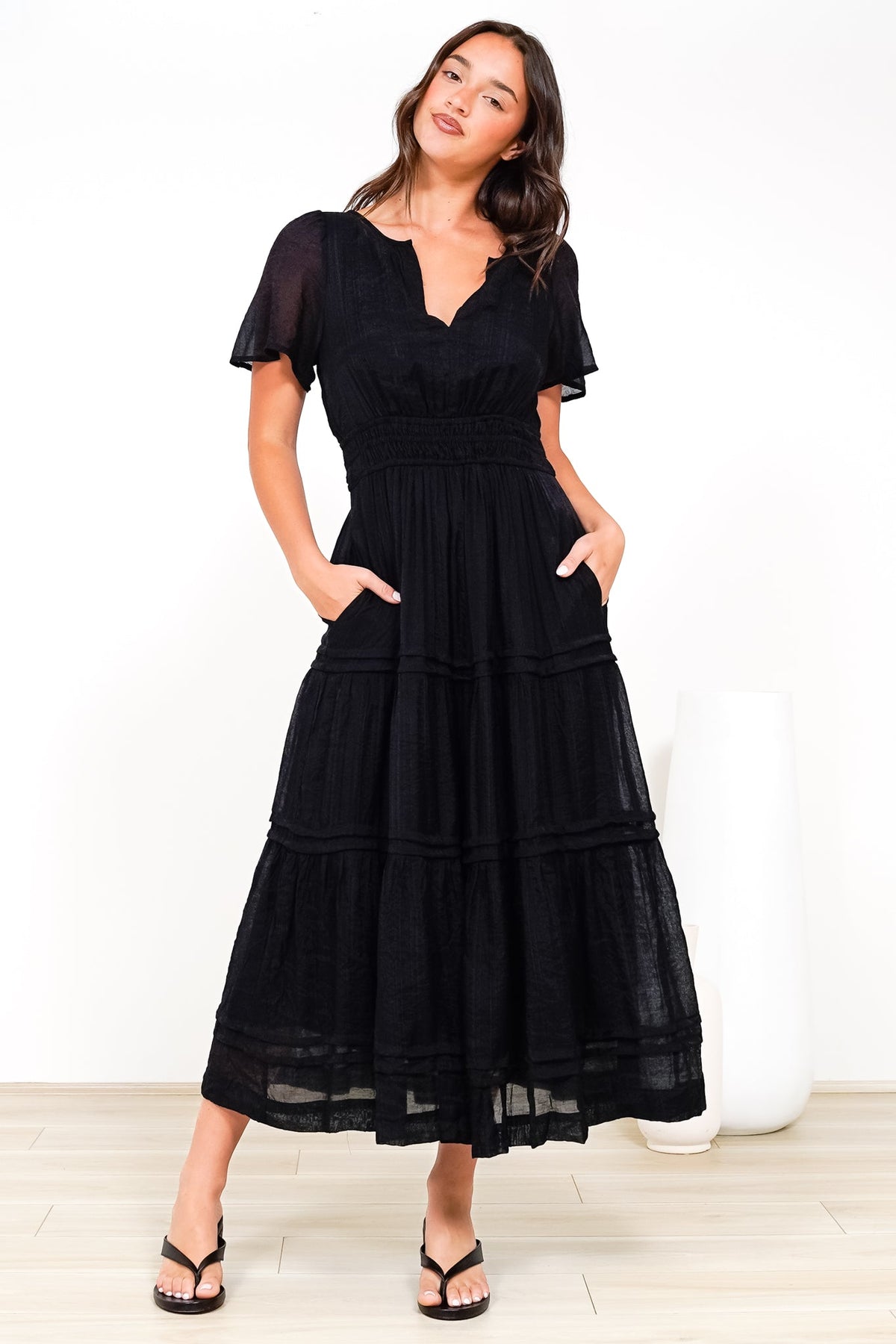 Payton Maxi Dress - Pleat Detailed A-Line Dress with Cap Flutter Sleeves in Black