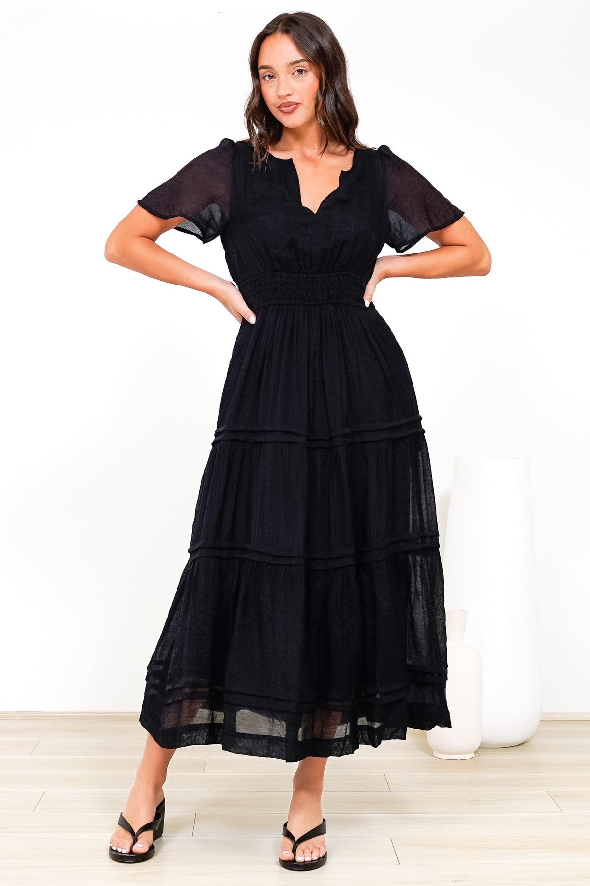 Payton Maxi Dress - Pleat Detailed A-Line Dress with Cap Flutter Sleeves in Black