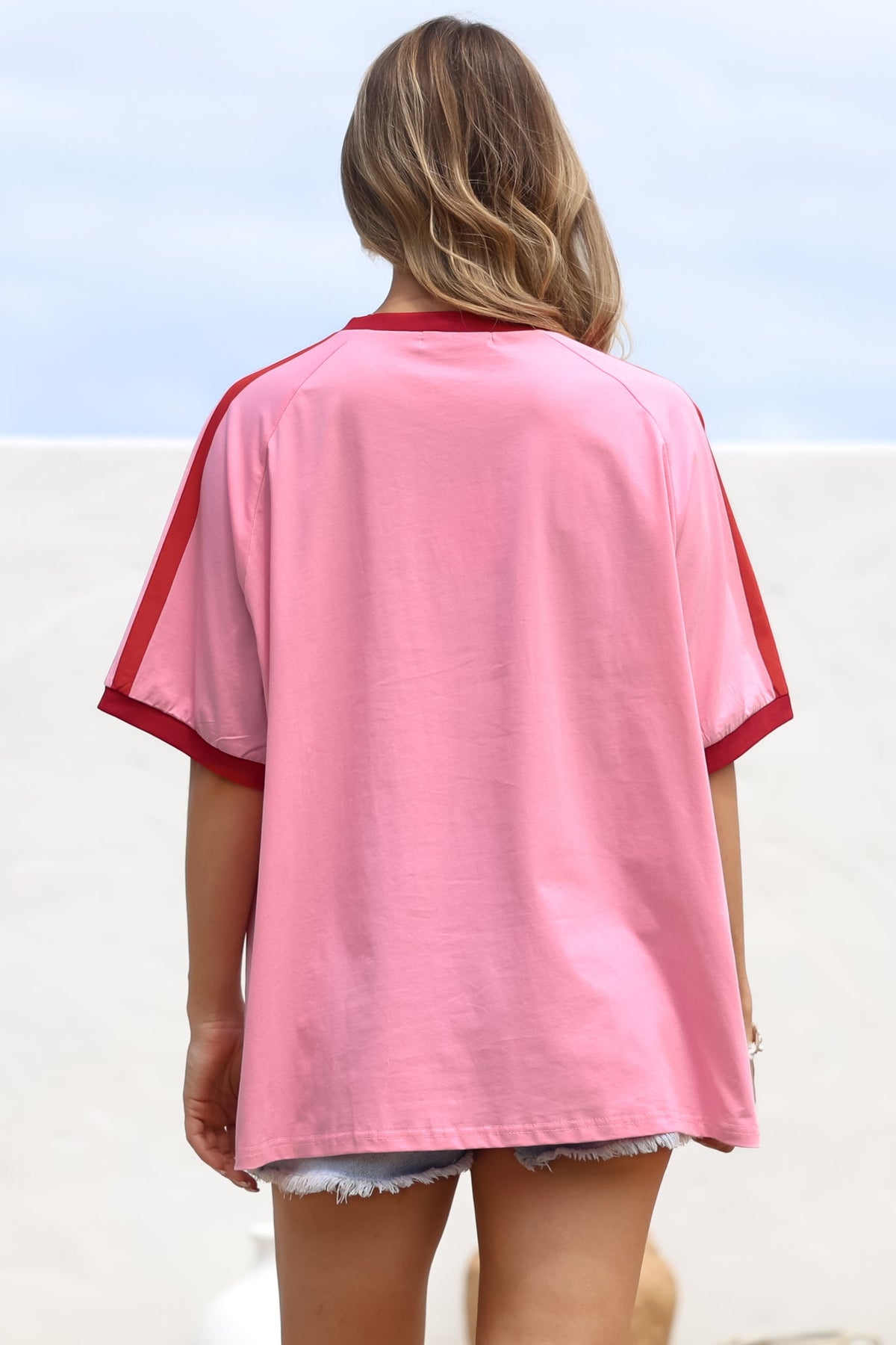 Pink 11 Tee - Graphic Print Short Sleeve T-Shirt with Racer Stripe Sleeves in Pink