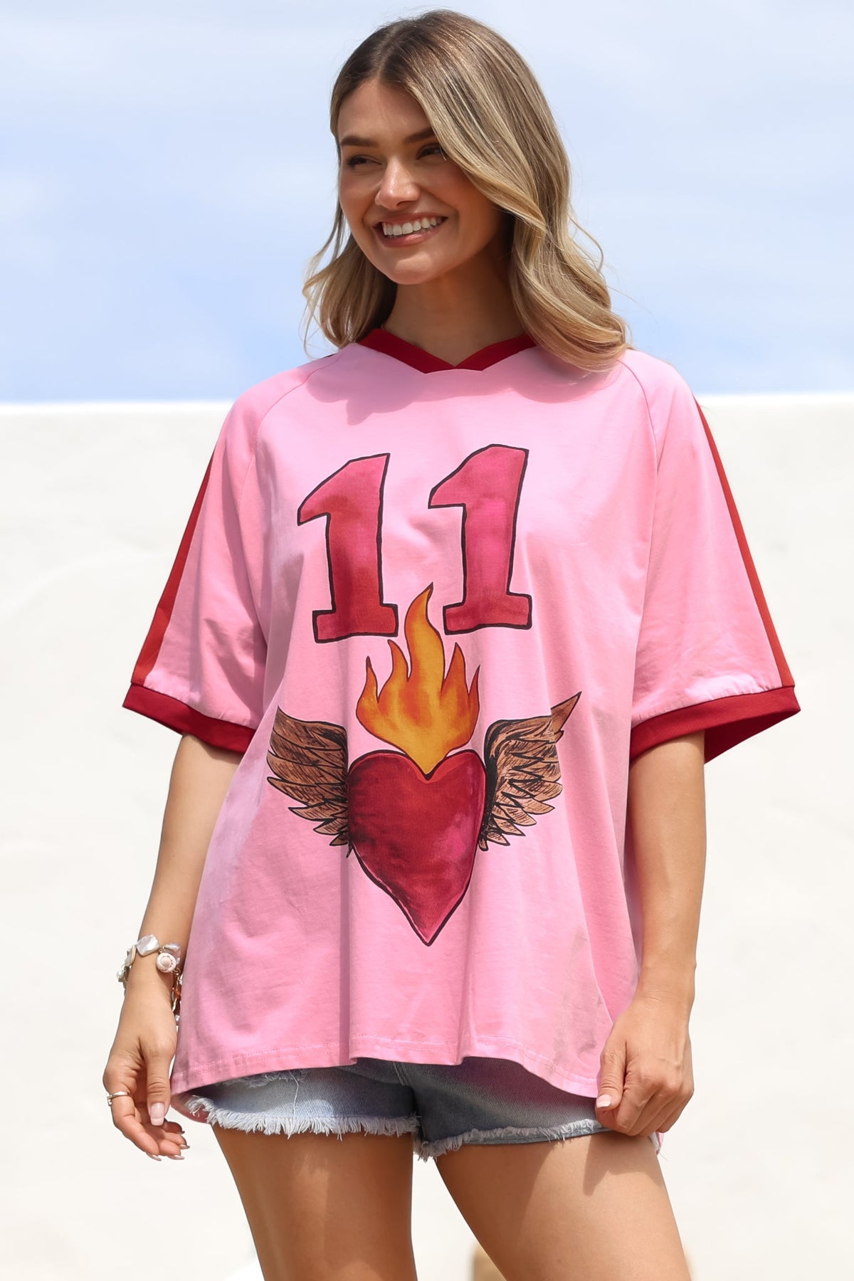 Pink 11 Tee - Graphic Print Short Sleeve T-Shirt with Racer Stripe Sleeves in Pink