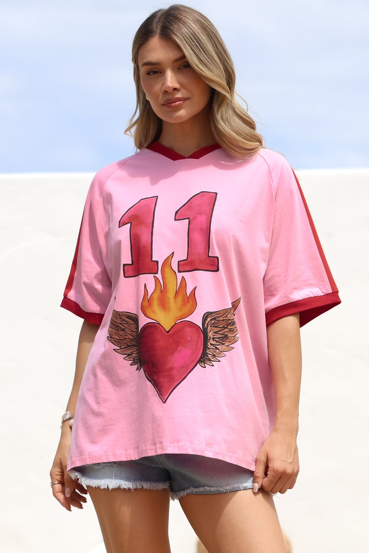 Pink 11 Tee - Graphic Print Short Sleeve T-Shirt with Racer Stripe Sleeves in Pink